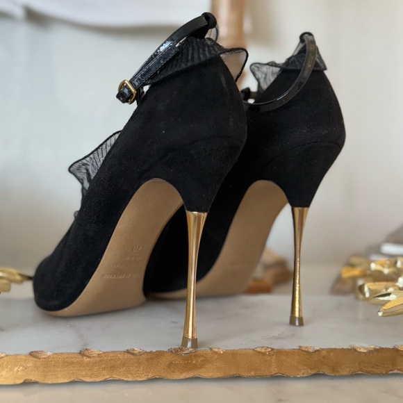 Black suede heels t-strap unique elegant classy pumps pointy toe shoes - Picture 1 of 13
